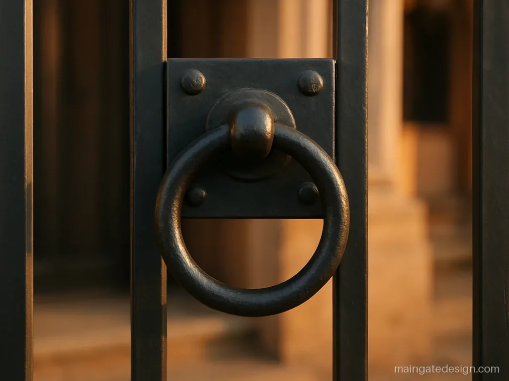 Main iron gate handle design with a forged ring pull on a black plate