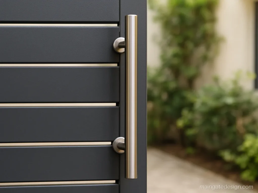 Modern main gate handle design with a long brushed steel pull bar