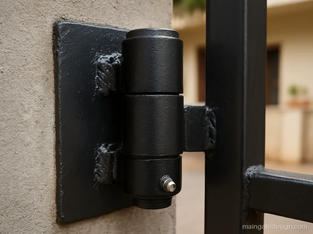 Main gate hinges design with a heavy ball bearing hinge welded to the pillar plate