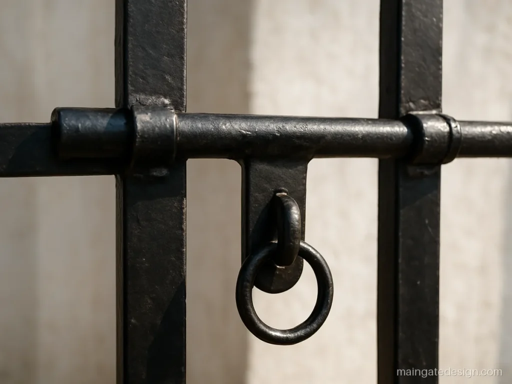 Main gate kundi design with a heavy sliding latch and padlock ring
