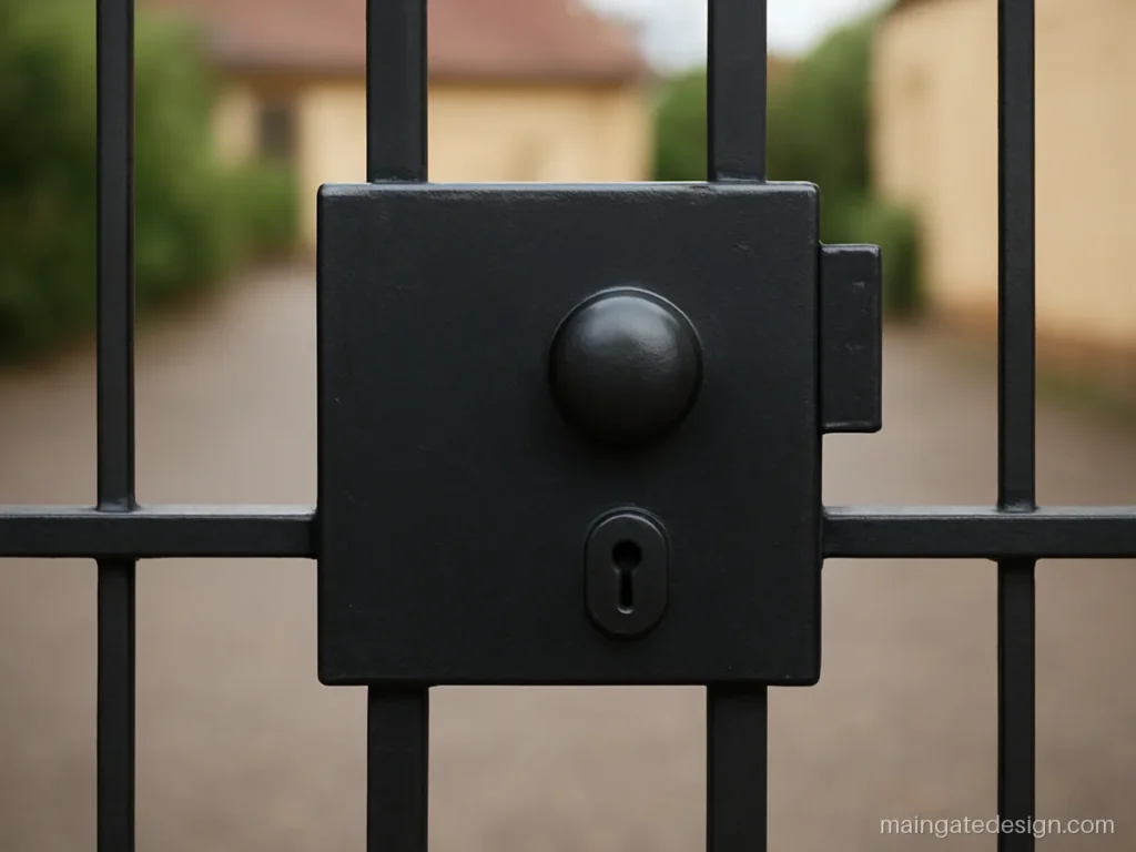 Iron main gate lock design with a welded black lock box and round knob