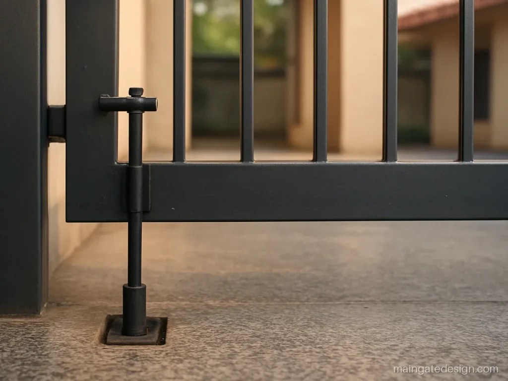 Main gate drop bolt and tower bolt holding the fixed leaf of a double gate