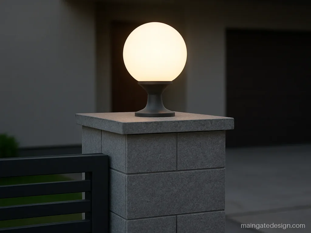 Modern main gate light design with a white globe lamp on a grey pillar