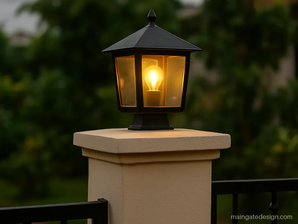 Main gate lamp design with a black lantern and clear glass on a pillar top