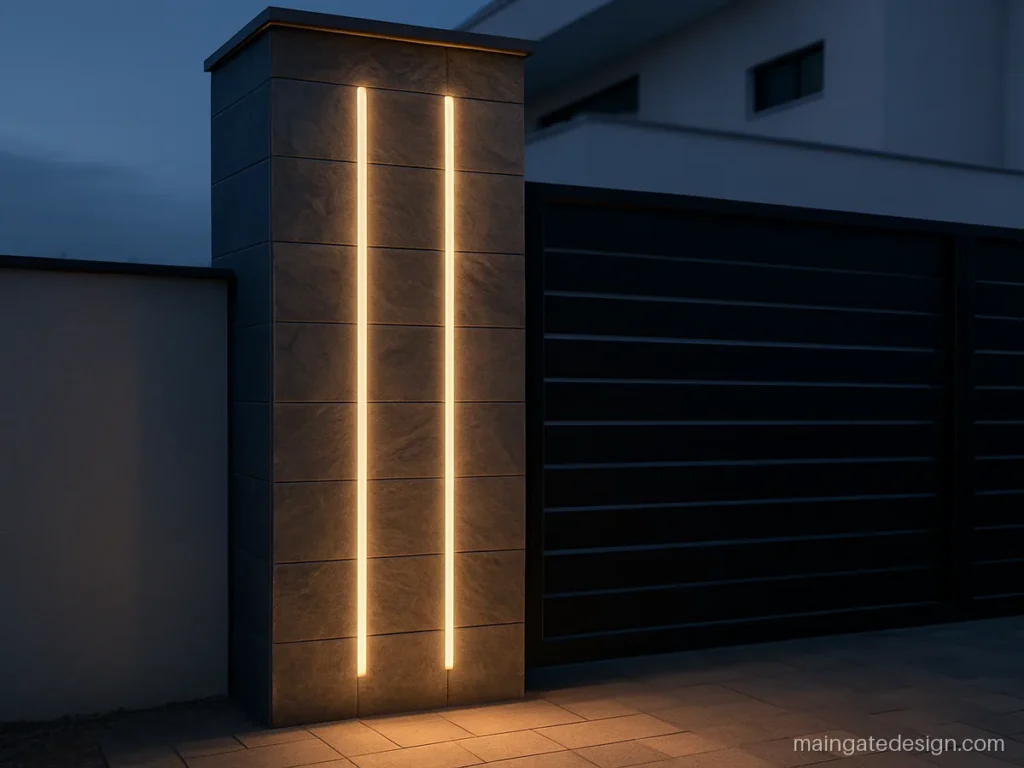 House main gate light design with hidden LED strip lines on a stone pillar
