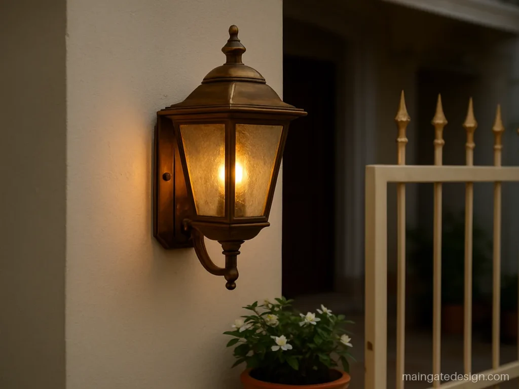 Main gate light design for home with an antique brass wall lantern