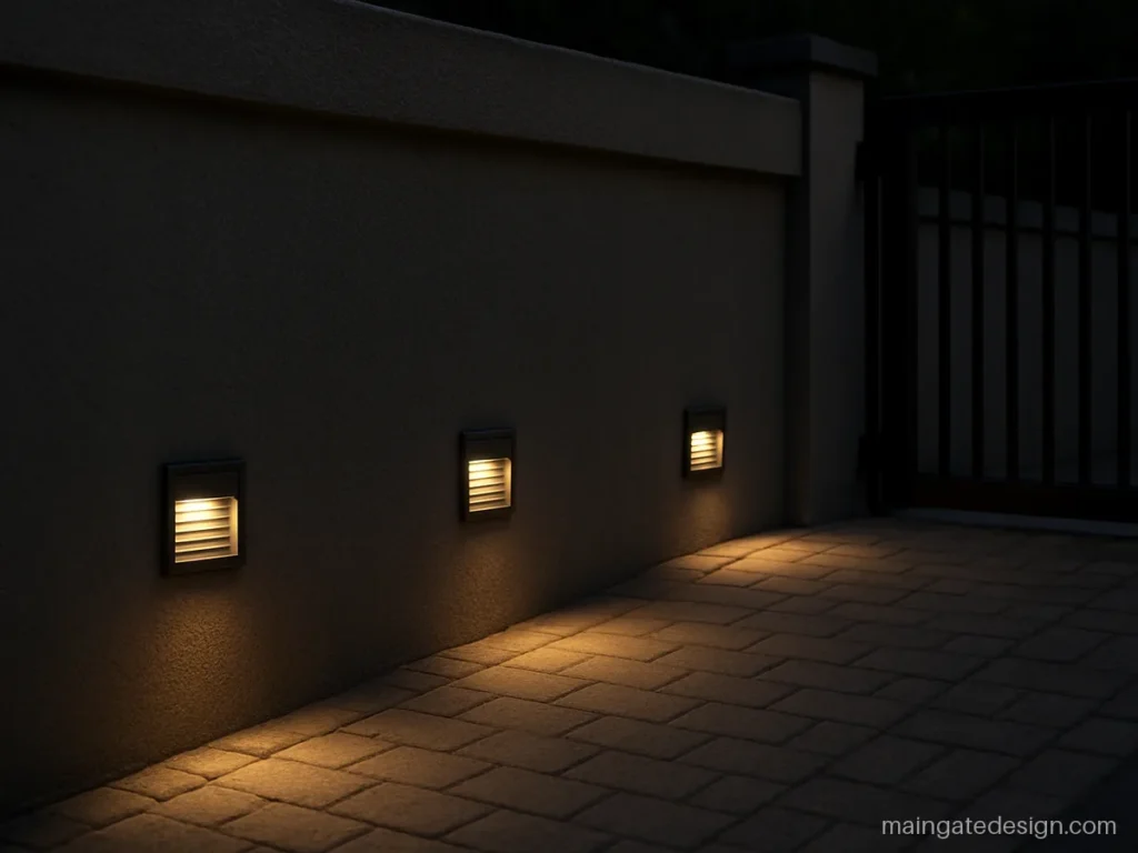 Low step light set into the gate wall to light the driveway entry