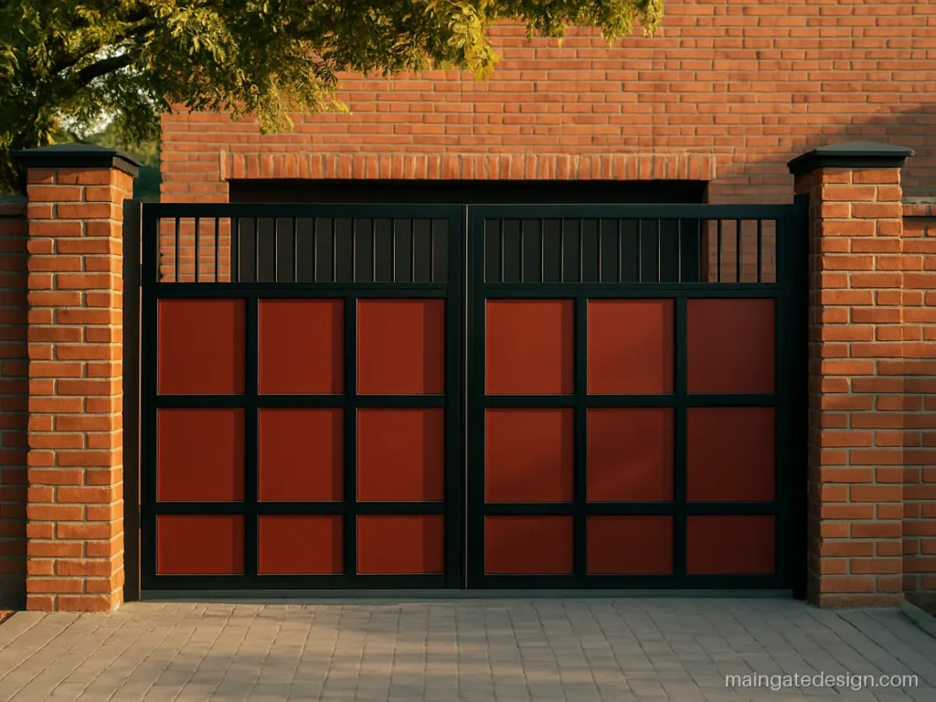 House main gate design in black with brick red panels matching an exposed brick front