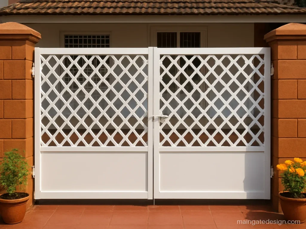 Ghar ka main gate design with a white jali pattern matching traditional window grills
