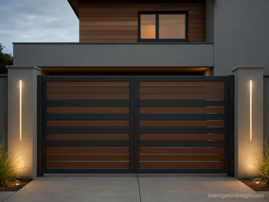Home main gate design matching a modern grey and wood house elevation