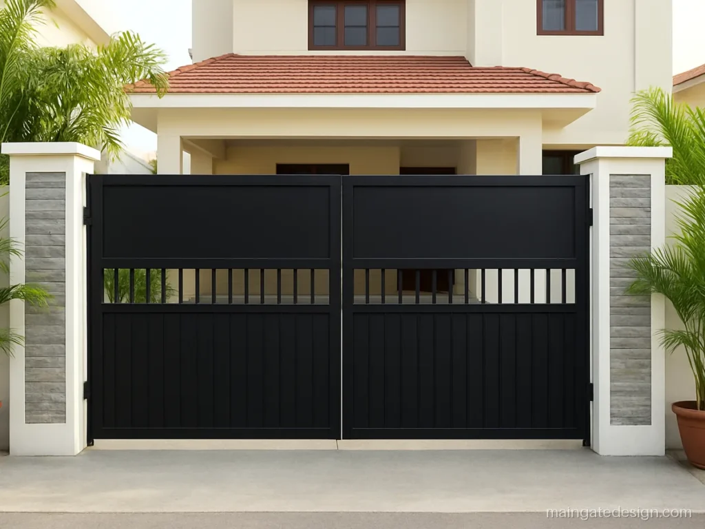 House main gate design for an independent house with black vertical bars and a sheet top