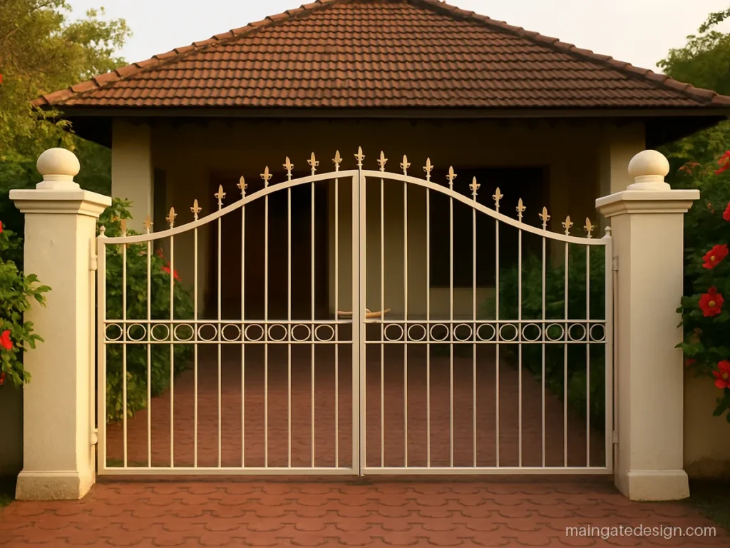 Home main gate design with cream bars, gold spear tips and a curved top line