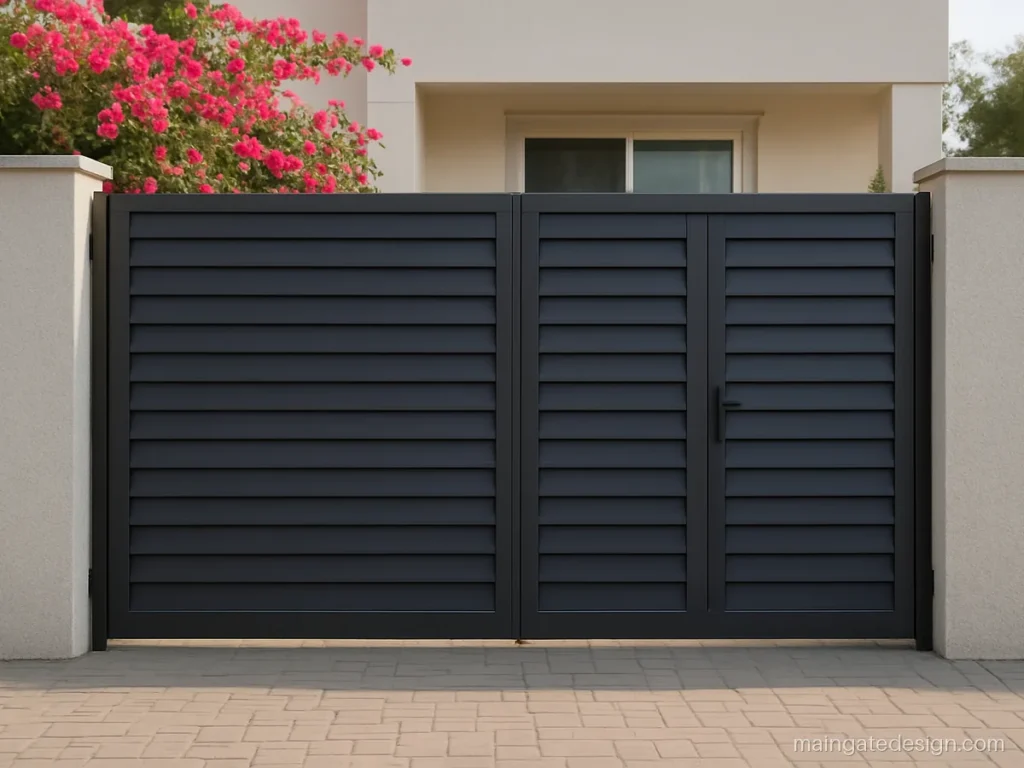 Main gate design for house with grey horizontal louvers and a built-in wicket door