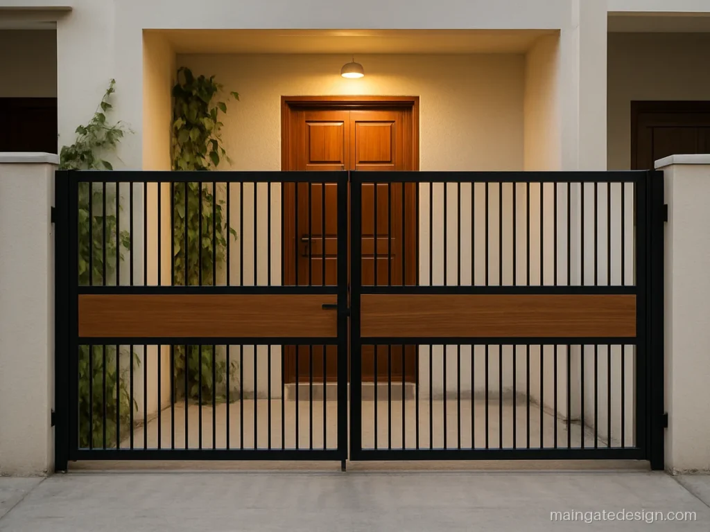 Main gate house design with black frame and a wooden look strip across the middle