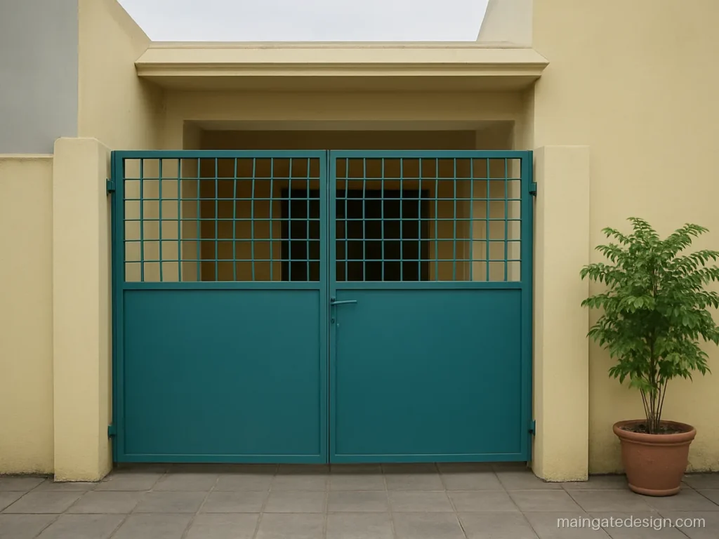 Main gate home design for a row house with a teal grid and half sheet
