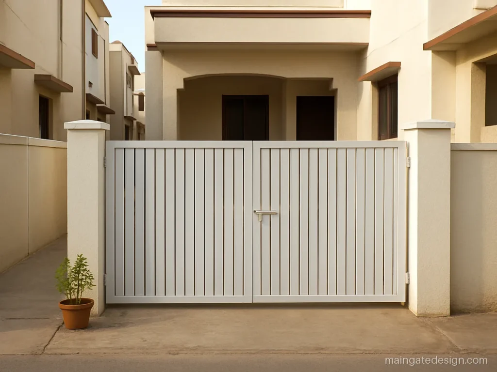 Row house main gate design with white flat strips and a narrow single swing leaf