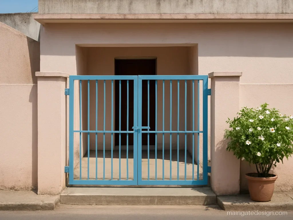 Simple main gate design for a small house with a single blue leaf and bars