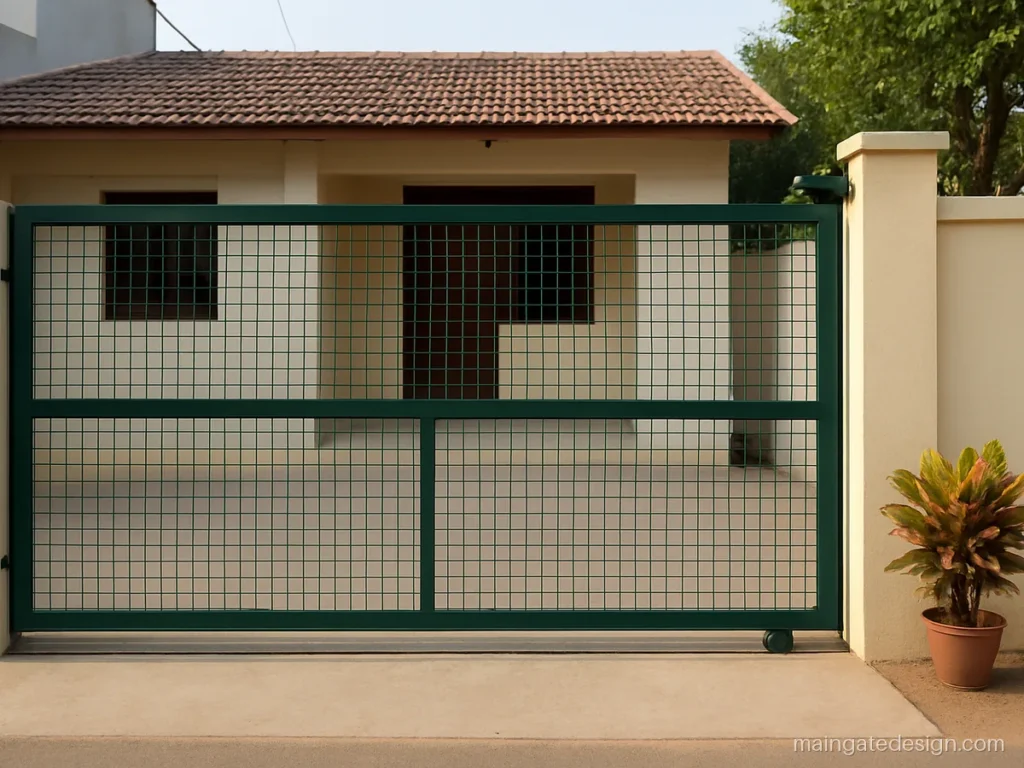 Small house main gate design with a sliding leaf and green welded mesh panel