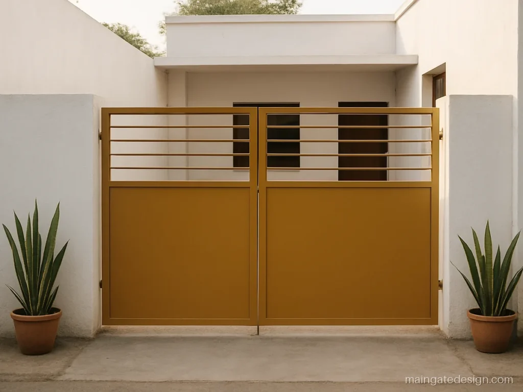 Small main gate design for house with unequal leaves in mustard yellow