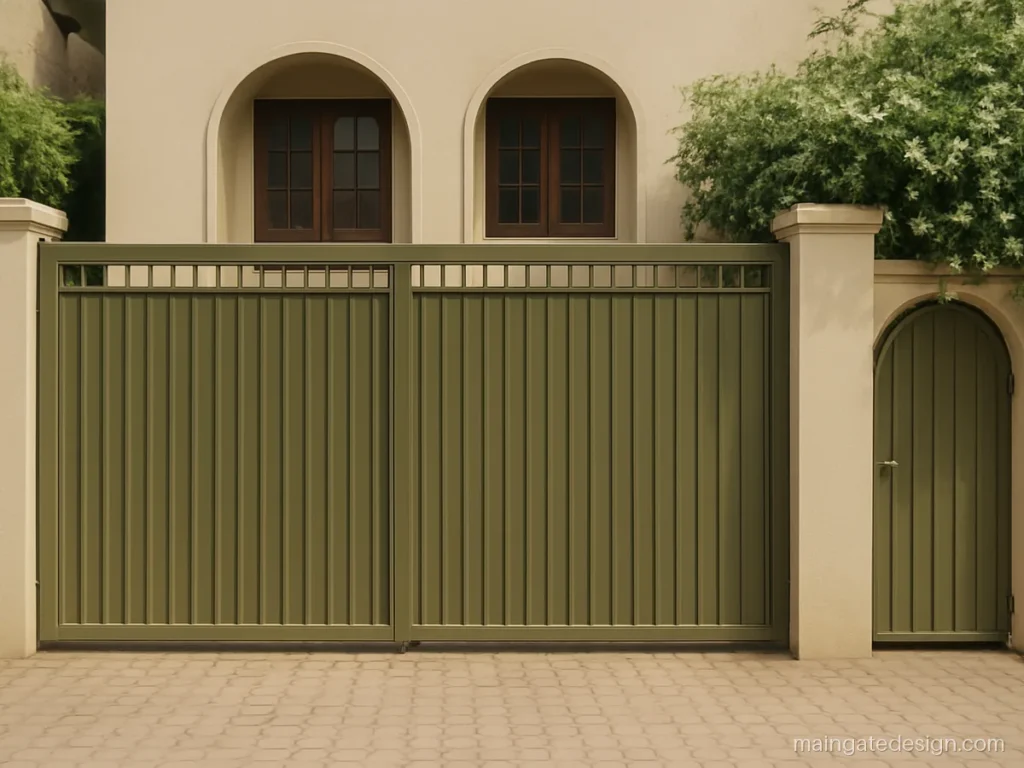 Front main gate design for home with an arched wicket door in olive green