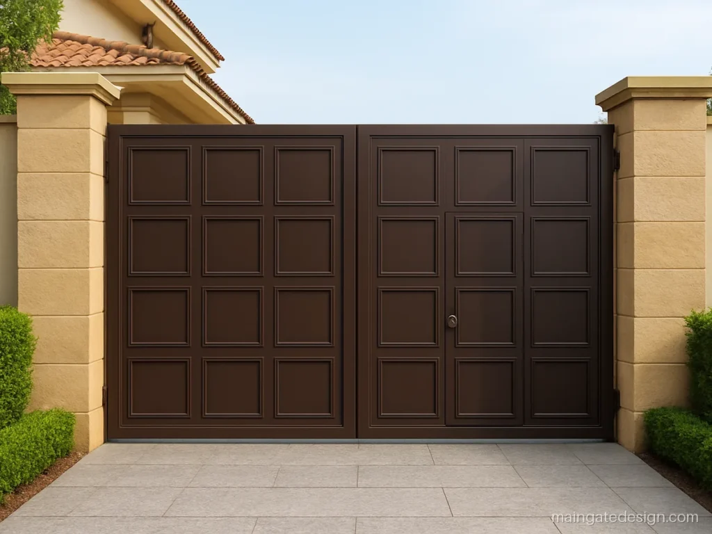 Main gate door design for home with a wicket door built into a brown panel leaf