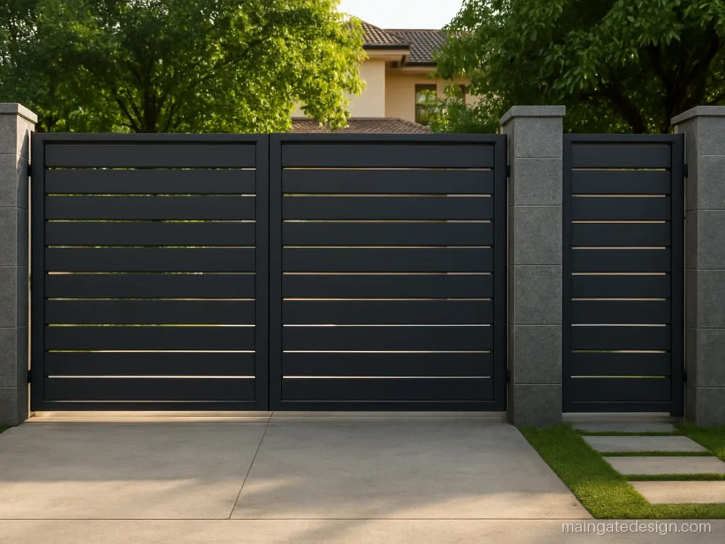 Main entrance gate design for home with a separate side wicket door in charcoal