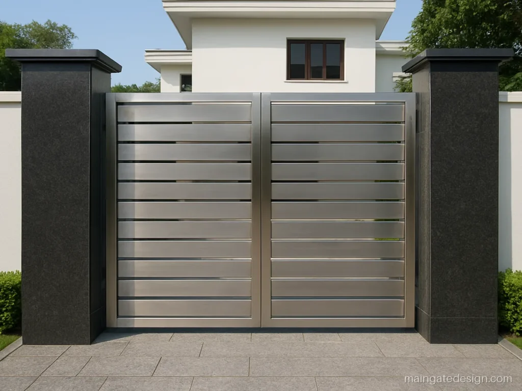 Main gate granite design with black flamed granite pillars and steel gate
