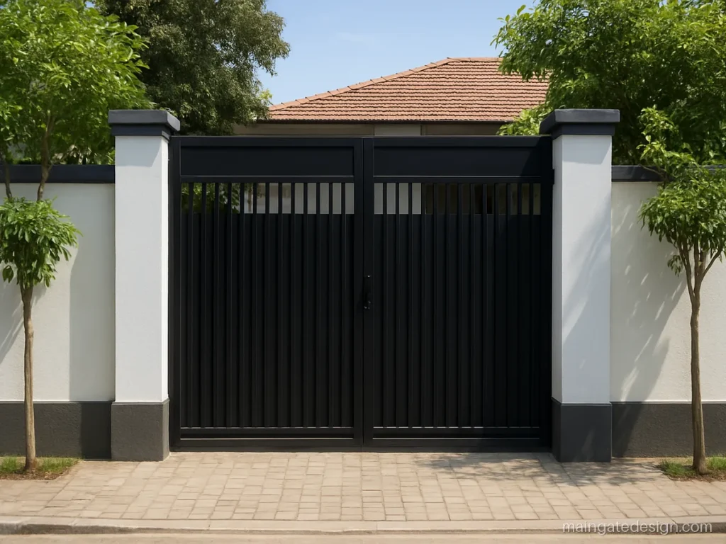 Main gate boundary wall design with grey band and black gate