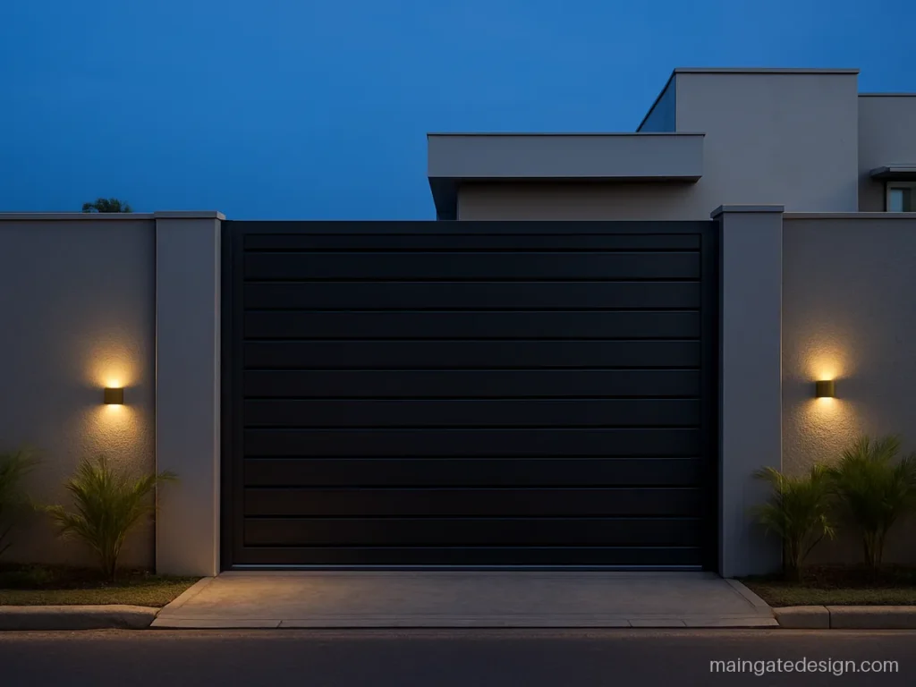 Front main gate elevation design with high wall and wall lights at night