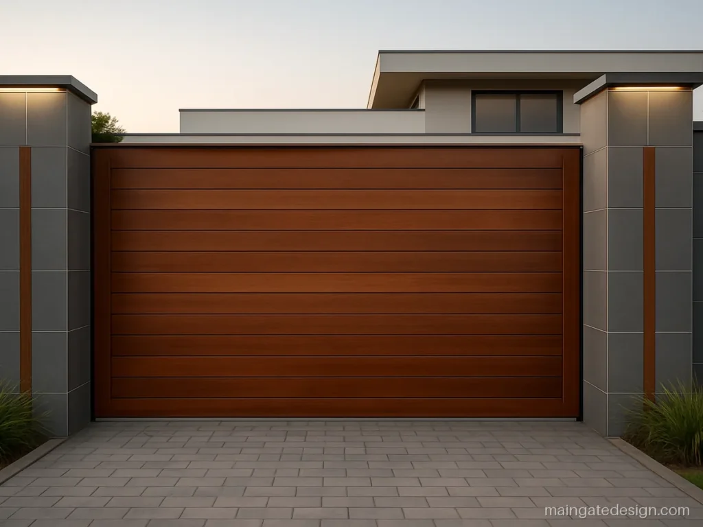 Modern main gate tiles design photos with grey tiles and wood look strips