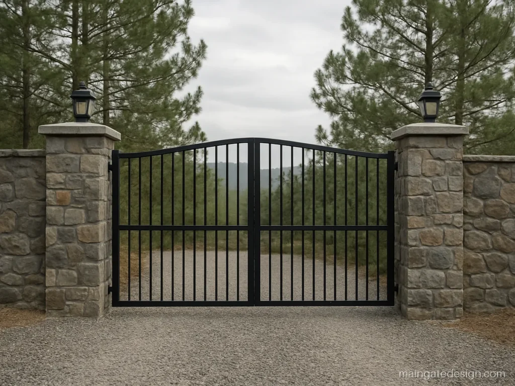 Main gate stone design with rough split stone cladding on wall and pillars