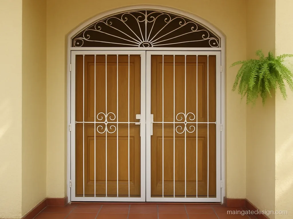 Double door iron gate design for main door with arched top panel and scroll work