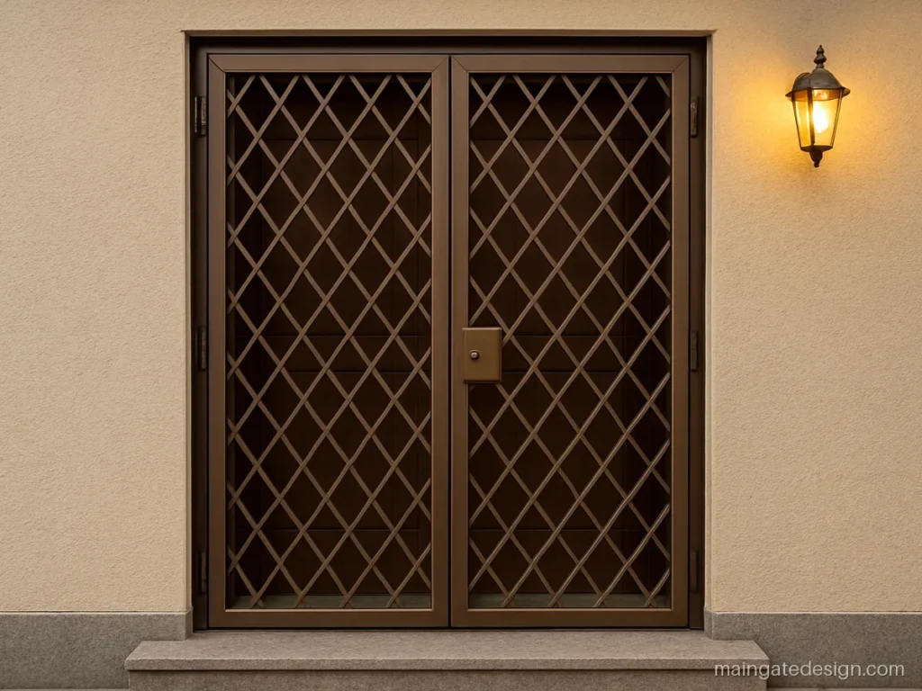 Iron double door grill gate design for main door with diamond lattice and bronze finish