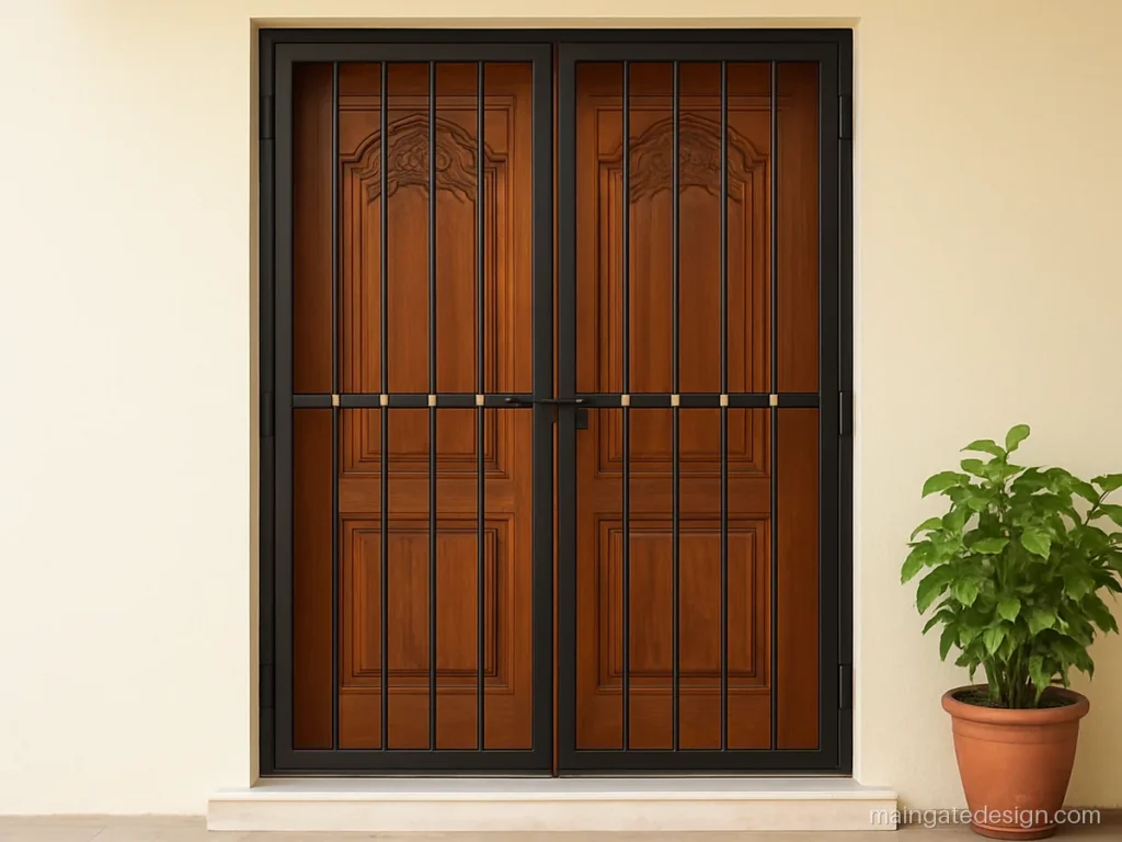 Simple double door grill gate design for main door with vertical bars and gold collars