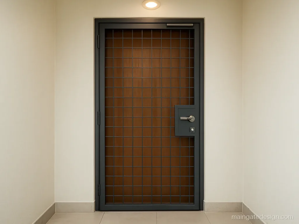Flat main gate design with a single leaf safety grill and square grid pattern