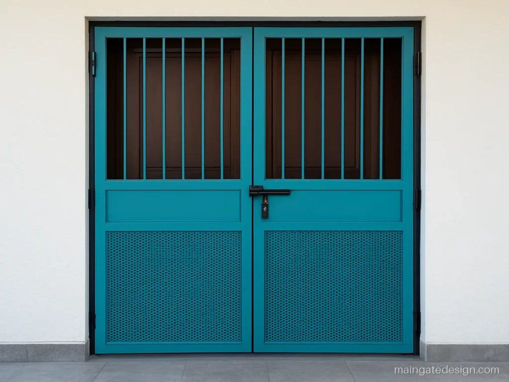 Metal double door grill gate design for main door with perforated sheet bottom