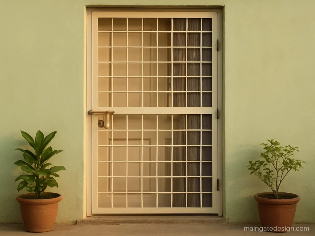 Iron safety grill gate design for main door with a pleated mosquito net