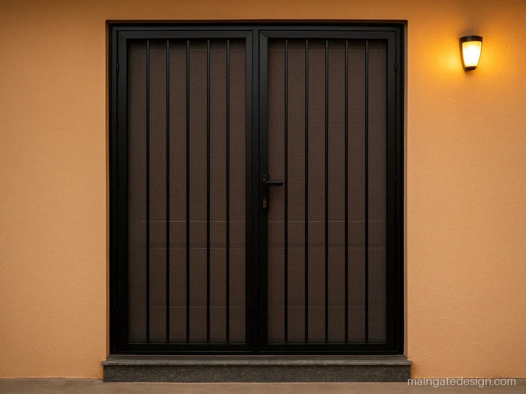 Safety double door grill gate design for main door with SS mosquito mesh behind bars
