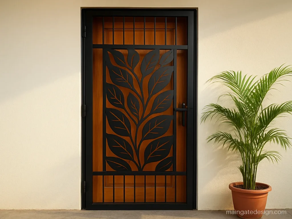 Main door grill gate design with a laser cut leaf panel in the centre