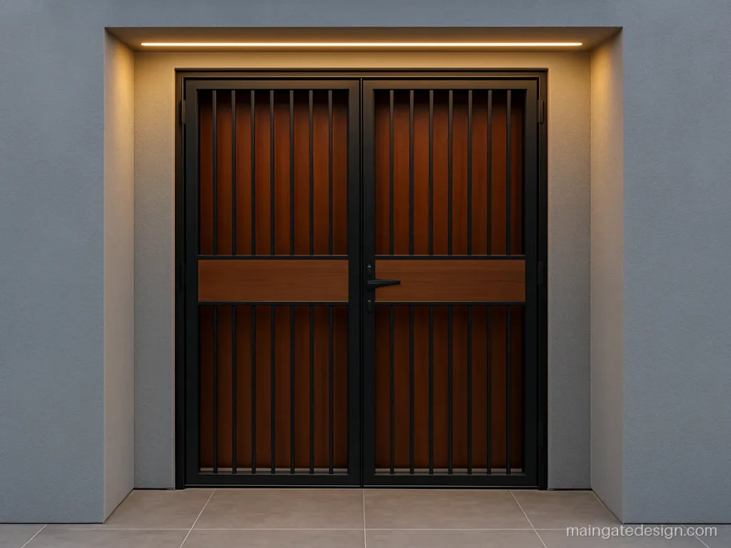 Modern iron gate design for main door with mixed thickness bars and wood strip