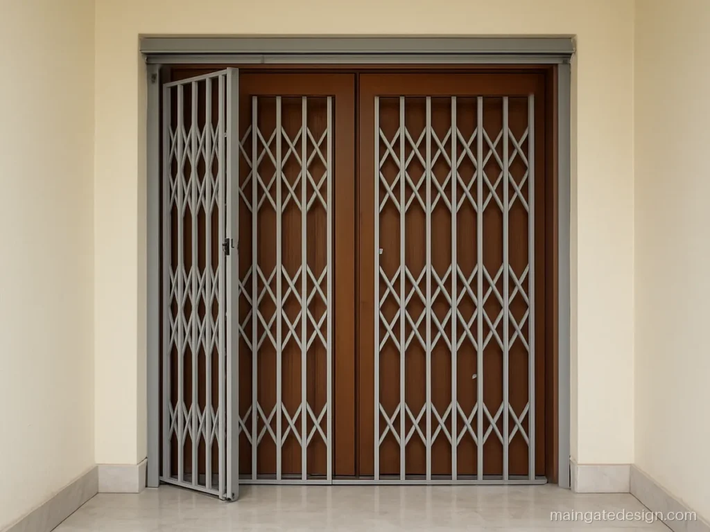 Grill 3 part main gate design with folding leaves for a wide main door