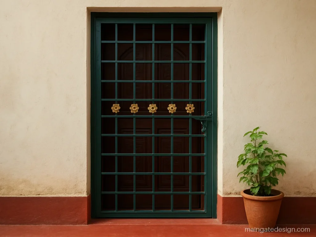 Grill iron gate design for main door with cast floral rosettes on a single leaf