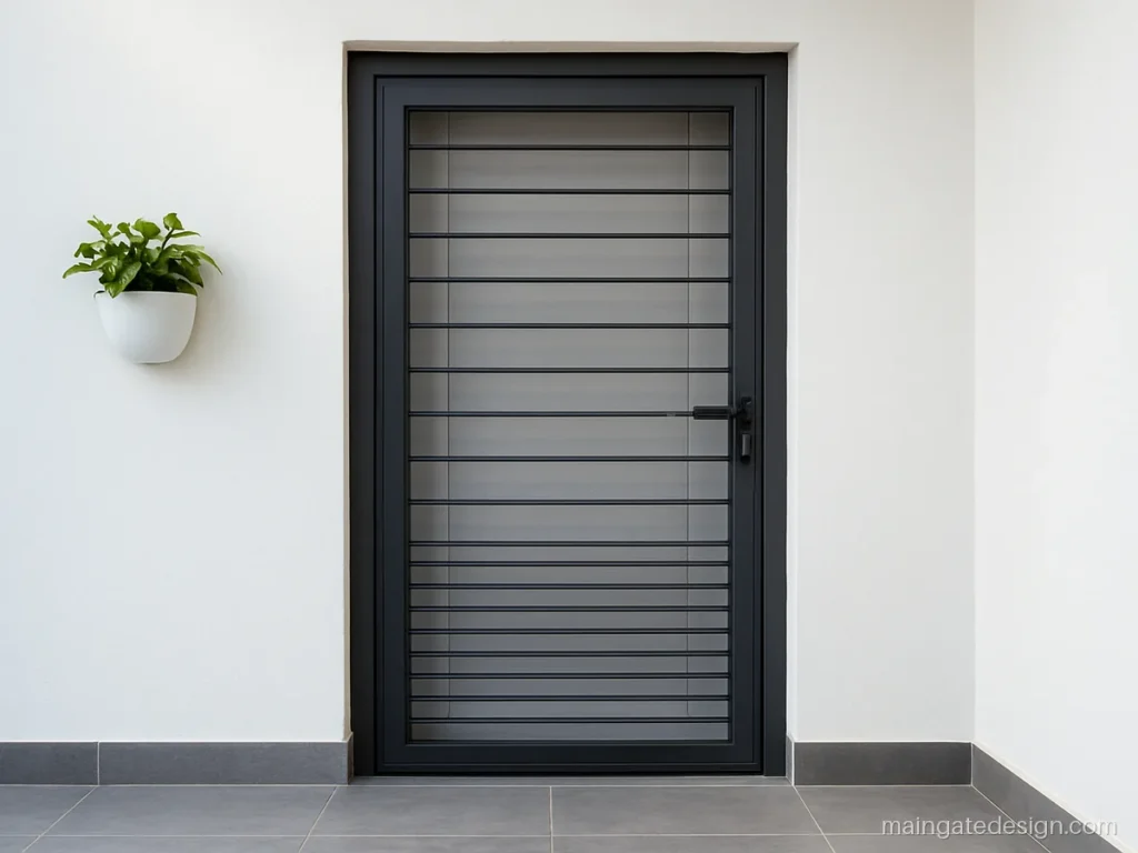 Simple iron gate design for main door with horizontal bars and slim frame