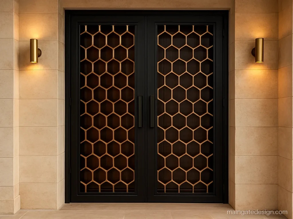 Steel gate design for main door with gold PVD hexagon pattern and black frame