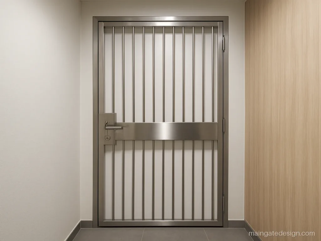 Steel grill gate design for main door with vertical pipes and a mirror steel panel