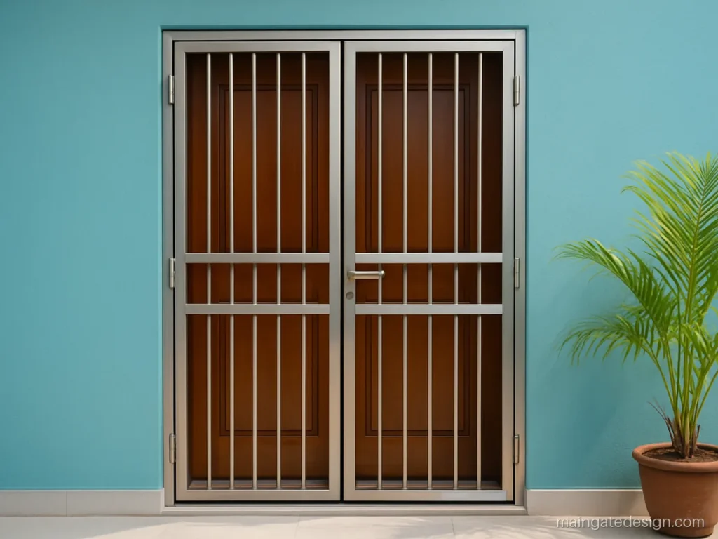 Stainless steel double door grill gate design for main door with hairline finish bars