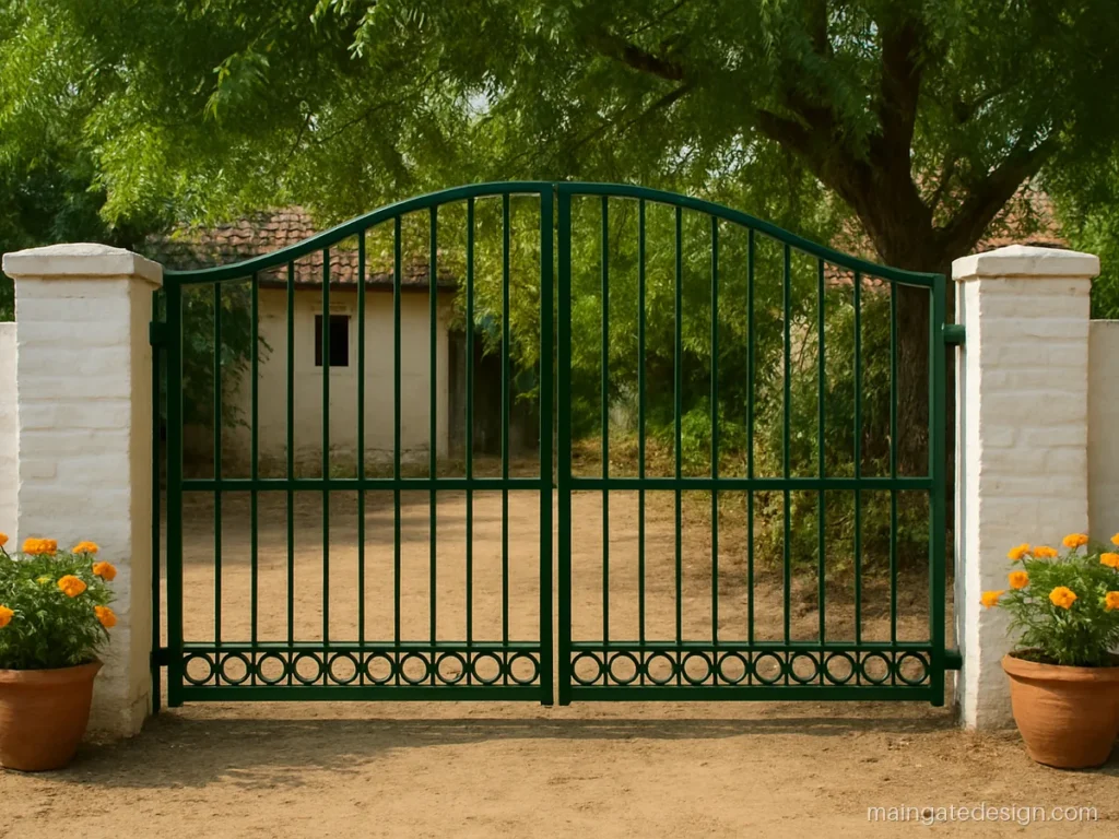 Main iron gate design with an arched top rail and vertical bars painted green