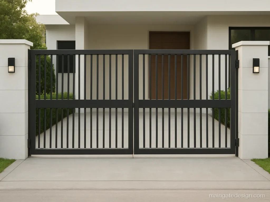 MS main gate design with vertical bars and two horizontal rails in grey