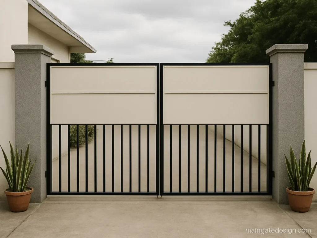 Iron gate design for main gate with open bars below and a solid sheet top band