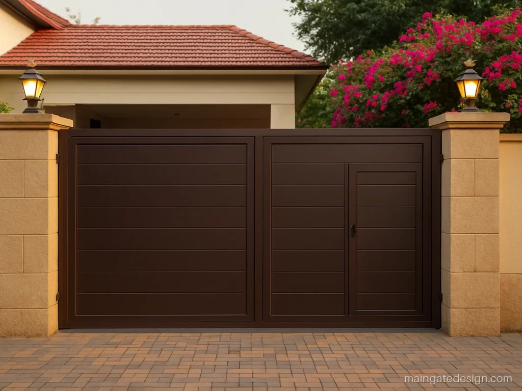 Main gate ms gate design with full sheet panels and horizontal groove lines in brown